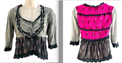 Anthropologie Odd Molly Silk Babydoll Top XS Gray Pink Embroidered Lace Sample - Image 1 of 4