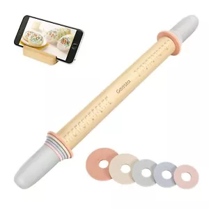 Adjustable Wood Rolling Pin with 5 Thickness Rings Precise Dough Roller Handl... - Picture 1 of 8