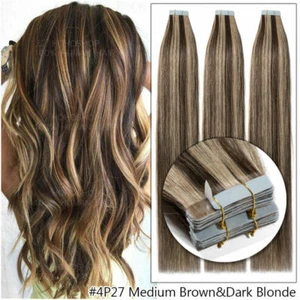 Invisible Tape In Thick Human Hair Remy Extensions Full Head Highlight Skin Weft - Picture 1 of 32