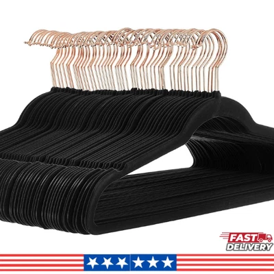Paquete de 50 perchas delgadas de terciopelo - conjunto organizador de ropa antideslizante negro/oro rosa Foto 1 de 4