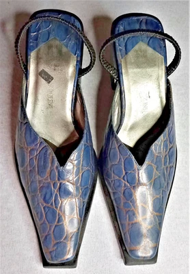 ВИНТАЖНЫЙ 90-х квадратный носок Mules женщин 5 М синий крокодила выбитый коренастый каблуки - Изображение 1 из 4