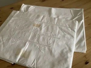 Pair Vintage French 1960s Metis Emb Linen & Cotton Double Bed Sheet Set 84”/116” - Picture 1 of 16