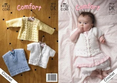 KING COLE CROCHET Pattern-3015  DK  Babies Jumper,Cardigan,Slipover Prem-12mths - Image 1 of 4