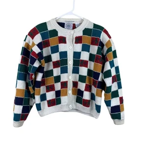 Vintage 80er Cape Isle Knitters Schachbrett Blumen Cardigan Medium Cottagecore - Bild 1 von 6