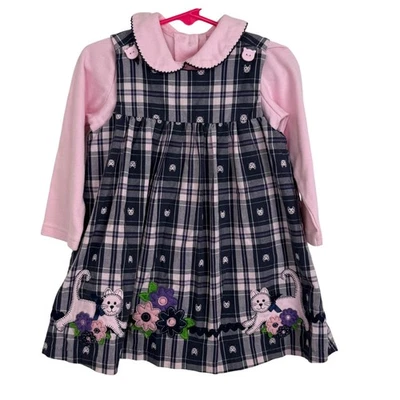 Sophie Rose Toddler 24M Jumper Dress Set Plaid Cat Applique Pink Fall Outfit - Image 1 of 4