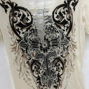 WHITE PLATINUM PLUSH LADIES WINGS & CROSS WEB BACK CUTOUT SHIRT WITH RHINESTONES - Picture 1 of 9