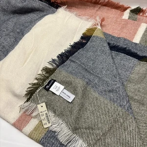 Plaid Blanket Scarf Wrap Fringe Multi Color Rust Blue Cream Soft Oversize 56”x56 - Picture 1 of 8