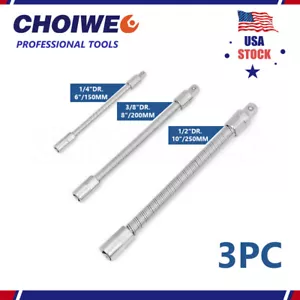 Flexible Socket Extension Bar Set,3Pc 1/4x6" 3/8x8" 1/2x10" Cable Flexible Shaft - Picture 1 of 6