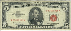 1963 5$ United States Note - Red Seal Right, KOG/CDD A51639385A - #13560 - Picture 1 of 2