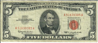 1963 5$ United States Note - Red Seal Right, KOG/CDD A51639385A - #13560 - Image 1 of 2
