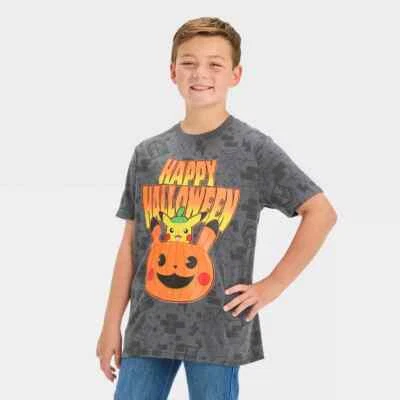 NWT Pokemon Pikachu Happy Halloween Shirt Boys Medium Gray Orange Yellow Hybrid - Image 1 of 4