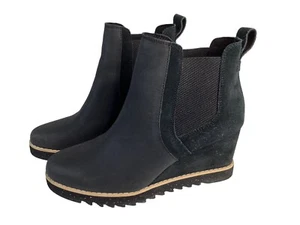 TOMS schwarze Wildleder Leder Maddie Keilabsatz Plateau Stiefel 8,5 39 schwarz hoch Slipper - Bild 1 von 7