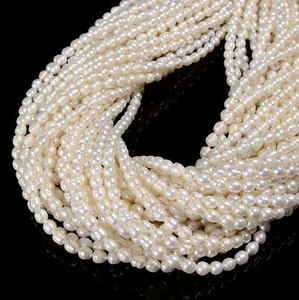 White Fresh Water Pearl Rice Shape Beads Size 3x4mm 15.5'' Strand - Picture 1 of 2