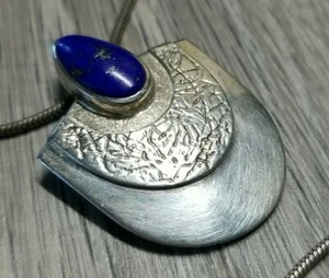 Lapis Lazuli Hammered Sterling Silver Gemstone Pendant 18" Necklace Signed RS - Picture 1 of 6