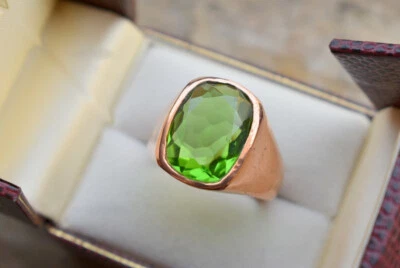 Solid 925 Sterling Silver AA Green Peridot Zircon Cut Gemstone Signet Men's Ring - Image 1 of 4