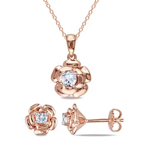 Amour Rose Silver Created White Sapphire Floral Earrings, Pendant & Chain Set - Picture 1 of 5