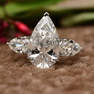 4.62 Ct Natural H Color SI Clarity Pear Diamond Three Stone Ring 18k White Gold - Picture 1 of 9