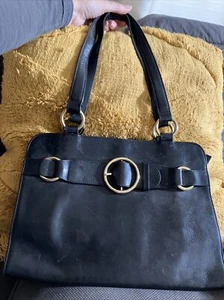 VINTAGE HOBO INTERNATIONAL BLACK LEATHER SHOULDER BAG PURSE Tote Gold BUCKLE - Picture 1 of 5