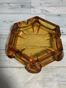 Vtg Viking Glass Amber Ash Tray 6 Footed Hexagon - Picture 1 of 7