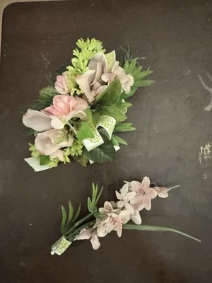 Prom Wrist Corsage & Bout.  Pink Flowers & Green Fillers. Perfect For Any Formal - Image 1 of 4