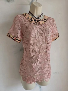 Love Label Pink Lace Top Blouse with Leopard Print Collar Sleeves UK Size 10 - Picture 1 of 10