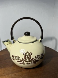 Vintage Pfaltzgraff Village Emaille Metall Teekanne/Wasserkocher mit Deckel beige - Bild 1 von 12