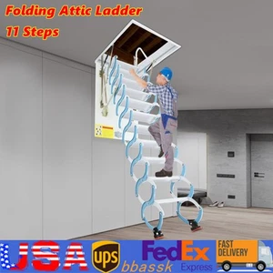 11 peldaños escalera ático tirar hacia abajo ático escalera montaje en pared peldaños plegables escalera 300 kg - Imagen 1 de 16
