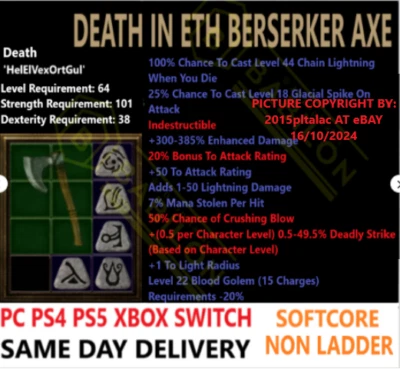 ✅PC PS4 PS5 XBOX SWITCH✅NON-LAD DEATH ETH Berserker Axe Diablo 2 Resurrected D2R - Image 1 of 2