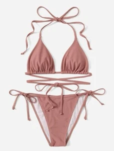 Mono Bikini Set Halter Wireless Triangle Bra & Tie Side Bottom 2 Piece Swimsuit - Picture 1 of 5