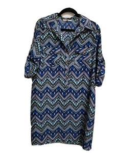 Speed Control NY Size 1X Women's Dress Blue Multi Adj Tab Sleeves Geometric Poly - Picture 1 of 8
