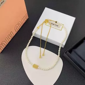 Miu Miu Pearl Beaded Adjustable Necklace Gold Plated Adjustable Choker - Picture 1 of 7
