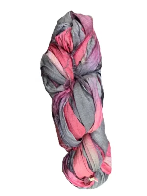 Recycled Sari Silk Ribbon Yarn -Pink ,Grey, shaded -50 GMS - Boho Ribbon - Silk - Image 1 of 4