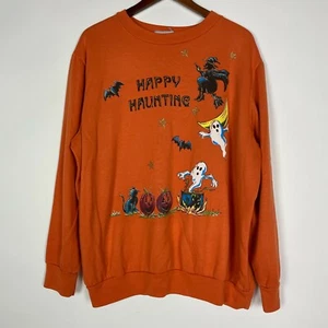 Vintage Happy Halloween Pullover Sweatshirt Boo Witch Ghosts Pumpkins Orange - Picture 1 of 11