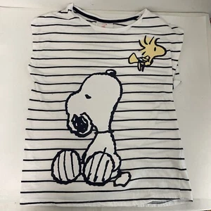 SNOOPY PEANUTS WOODSTOCK LARGE 100% Cotton SHIRT White Blue Striped SO CUTE - Picture 1 of 8