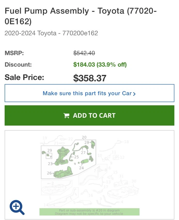 2020-2024 Toyota Highlander Fuel Pump  Assembly,OEM New , Part#77020-0E160 - Image 1 of 4
