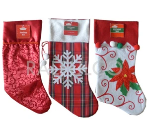 New 18" Christmas Stocking Holiday Decoration Red Flowers+ Snow Checks+ Red Silk - Picture 1 of 1