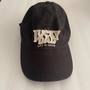 Lucky Dad Mens Life Is Good Baseball Cap Hat Black Twill 6 Panel Adjustable Logo - Picture 1 of 6