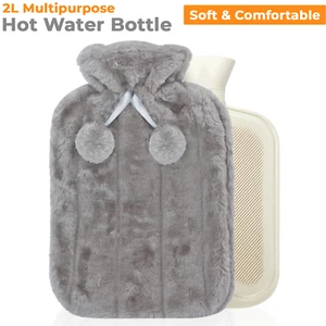 Large 2L Natural Rubber Hot Water Bottle With Warm Faux Fur Fleece Knitted Cover - Picture 1 of 8