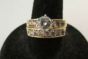 14K Yellow Gold CZ Solitaire & Band Bridal Wedding Ring Set Size 7 Cubic Zirconi - Picture 1 of 8