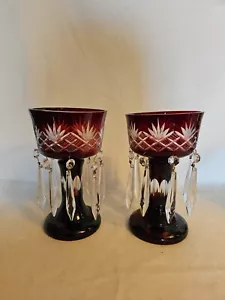 Ruby cut to clear Bohemian art glass mantle lustre pair, Pineapple Cut - Picture 1 of 3