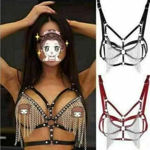 Women PU Leather Body Chest Harness Cage Bra Belt Rivets Tassel Chain Costume - Picture 1 of 10