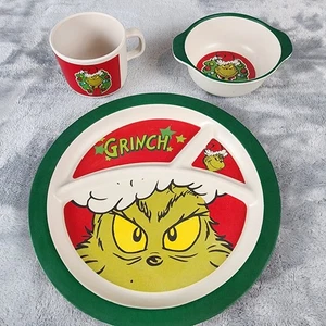 The Grinch Bamboo Christmas Mealtime Set Plate Bowl Mug 3 Piece Set - Picture 1 of 4