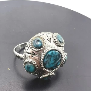 Vintage 60er Boho Western verstellbarer Statement Ring versilbert Türkis col - Bild 1 von 8