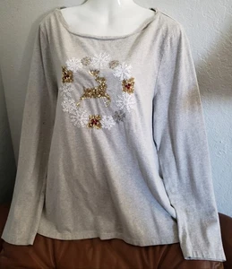 Ladies TALBOTS Gray Long Slv Holiday Christmas Top Reindeer Snowflakes, size XL - Picture 1 of 2