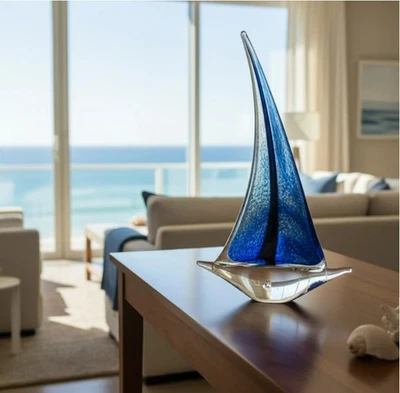 Decoración Badash, Escultura de Cristal Velero Azul Estilo Murano, 14" de Alto, NUEVO en CAJA Foto 1 de 4