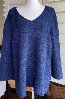 Suéter Chicos 2XL (4) Chenille Lentejuelas Brillante Azul Marino Top Cuello en V Mangas 3/4 Foto 1 de 4
