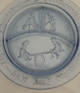 Vintage See-Saw Margery Daw Child's Nursery Rhyme Divided Plate. Baby Blue Glass - Picture 1 of 11
