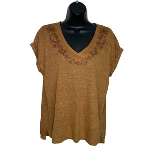 Rachel Zoe Leinen Top Damen M braun Kurzarm Shirt bestickt Boho V-Ausschnitt - Bild 1 von 8