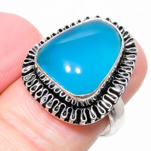 Blue Chalcedony Gemstone 925 Sterling Silver Jewelry Ring Size 7.5 u641 - Picture 1 of 6