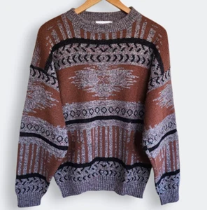 Vintage 90s Cross & Windsor Grandpa Knit Sweater Mens M Crewneck Retro Wool AOP - Picture 1 of 9